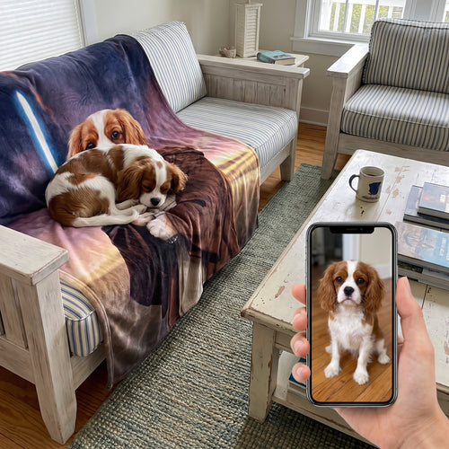 Cavalier King Charles spaniel with The Space General custom pet blanket: pet + phone + blanket