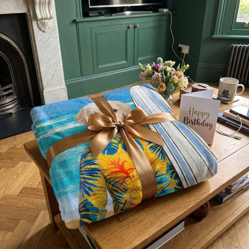 The Surfer custom pet blanket wrapped as a gift