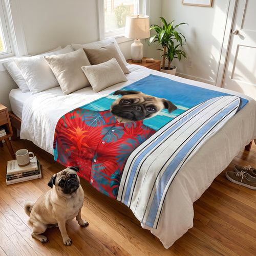 Pug with The Surfer custom pet blanket: on the bed
