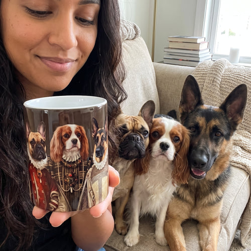 French bulldog, Cavalier King Charles spaniel and German shepherd with The Three Queens custom mug: owner holding mug + pet