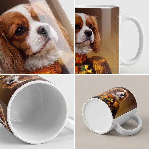 Cavalier King Charles spaniel with The Veteran custom mug: close-up of gloss and wrap