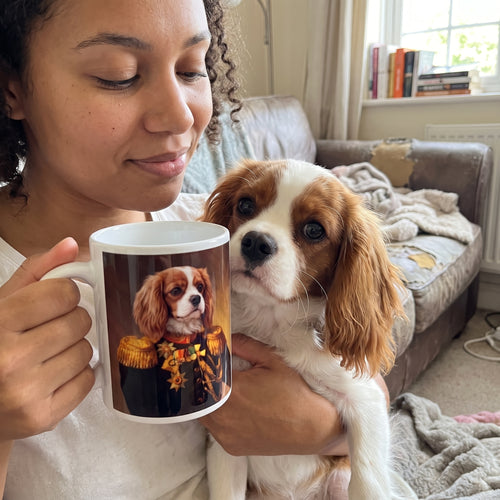 Cavalier King Charles spaniel with The Veteran custom mug: owner holding mug + pet