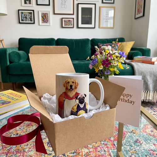 Golden retriever and pug with The Wise Pair custom mug: gift