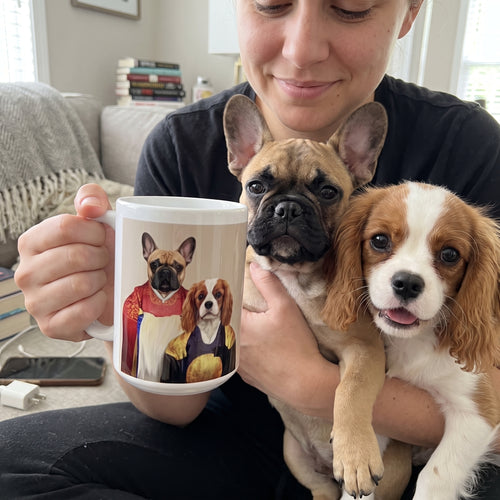 French bulldog and Cavalier King Charles spaniel with The Wise Pair custom mug: owner holding mug + pet