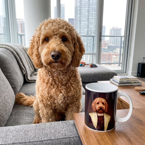 Goldendoodle with The Young King custom mug: funny side-by-side