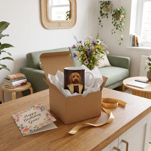 Goldendoodle with The Young King custom mug: gift