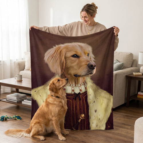 Golden retriever with The Young King custom pet blanket: held up for size
