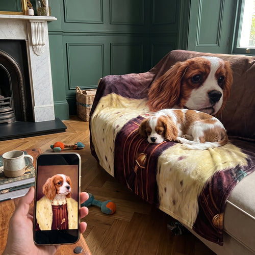 Cavalier King Charles spaniel with The Young King custom pet blanket: pet + phone + blanket
