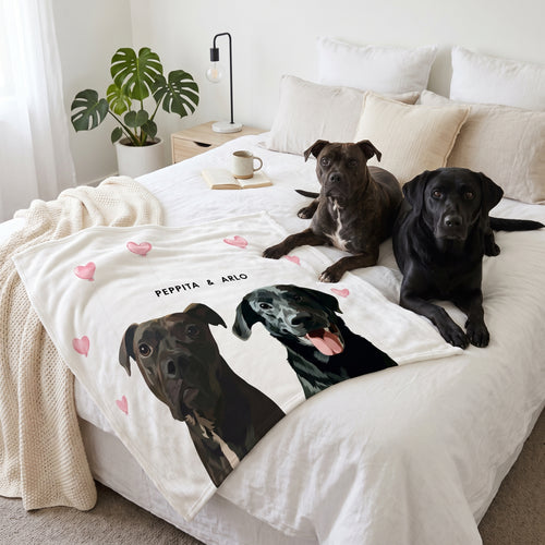 Brindle mixed-breed dog and black Labrador with the Valentines Pet Face Blanket - Two Pets: on the bed