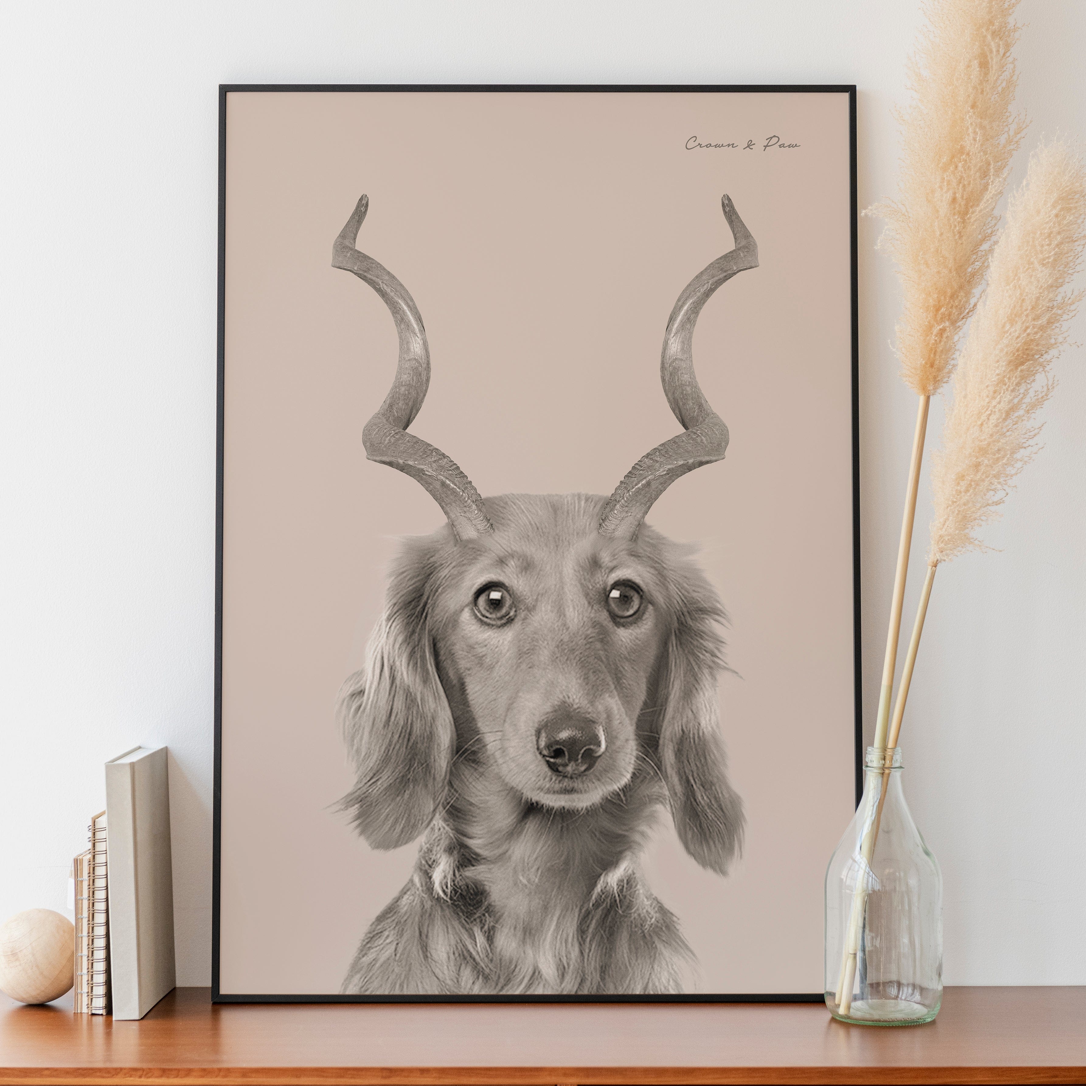 Crown and Paw - Canvas Gazelle Antlers Pet Portrait - Custom Canvas 8" x 10" / Soft Pink
