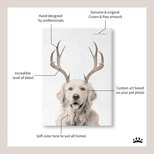 Crown and Paw - Canvas Elk Antlers Pet Portrait - Custom Canvas