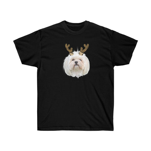Crown and Paw - Custom Clothing Novelty Pet Face Christmas T-Shirt Black / Reindeer Antlers / S